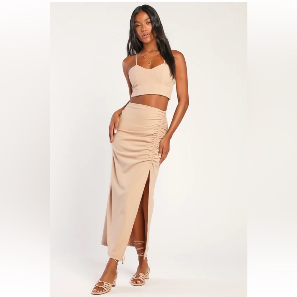 LULUS l Delightful Double Tan Ribbed Two-Piece Midi Dress